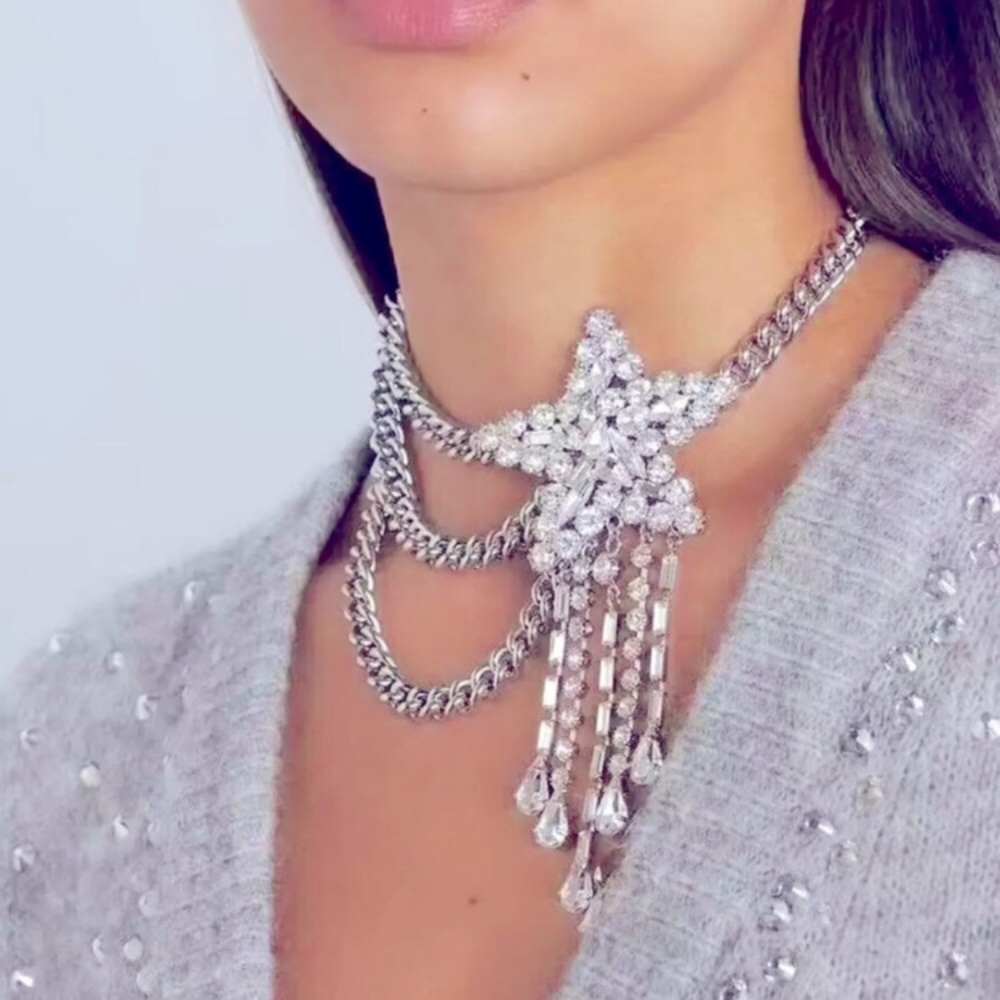 New! Twinkle Star Chocker Tassel Silver Necklace